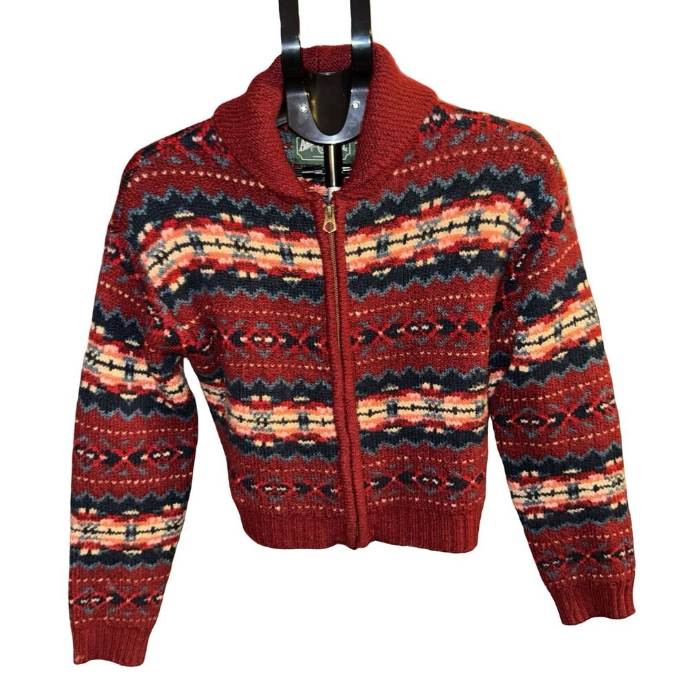 American Eagle Super Soft Red Fair‎ Isle Full Zip Up Cardigan Sweater Size Med